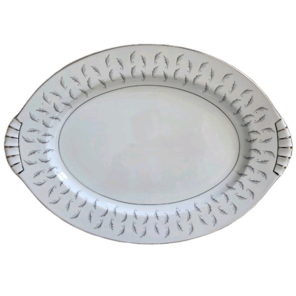 Kent Japan Normandy Oval 15" Serving Platter Blue Gray Leaves Silver Elegance